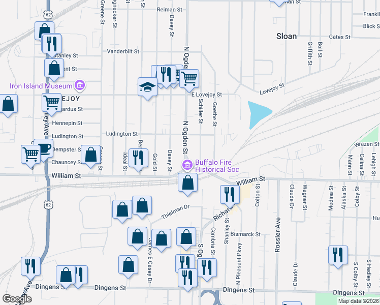 map of restaurants, bars, coffee shops, grocery stores, and more near 66 North Ogden Street in Buffalo