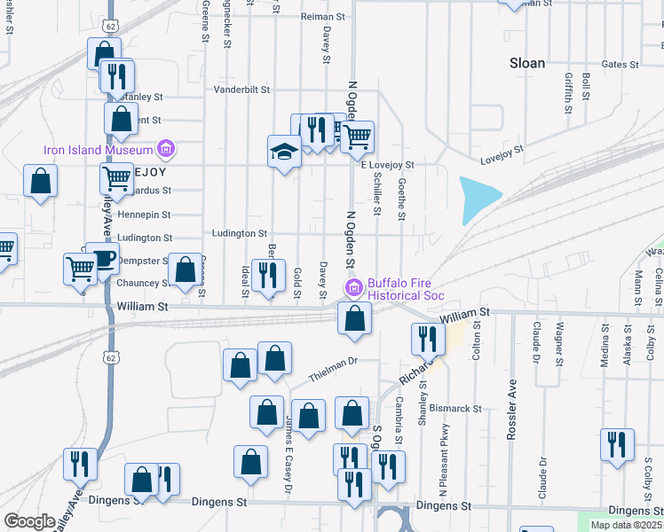 map of restaurants, bars, coffee shops, grocery stores, and more near 64 Davey Street in Buffalo