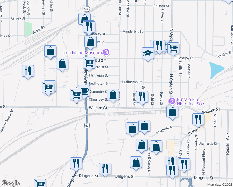 map of restaurants, bars, coffee shops, grocery stores, and more near 112 Dempster Street in Buffalo