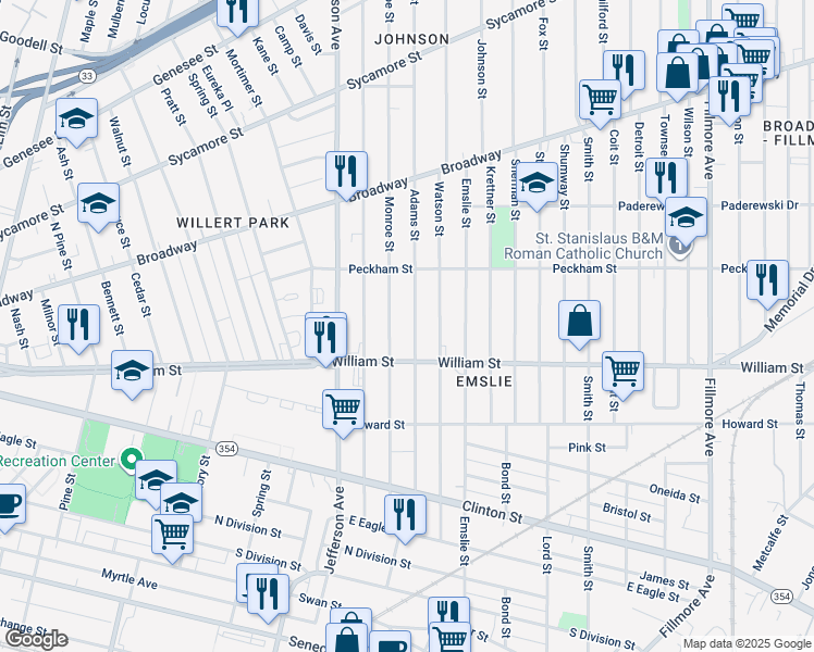 map of restaurants, bars, coffee shops, grocery stores, and more near 233 Adams Street in Buffalo