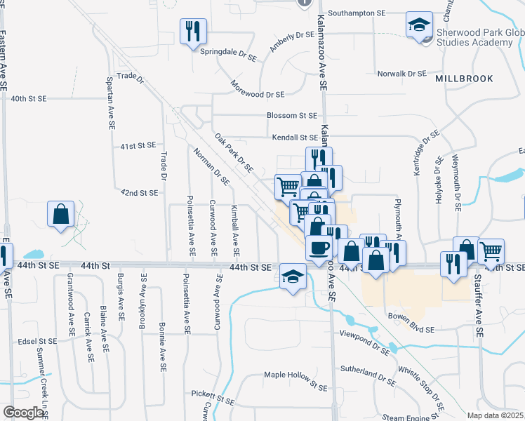map of restaurants, bars, coffee shops, grocery stores, and more near 4220 Norman Drive Southeast in Grand Rapids