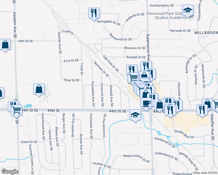 map of restaurants, bars, coffee shops, grocery stores, and more near 4235 Kimball Avenue Southeast in Grand Rapids