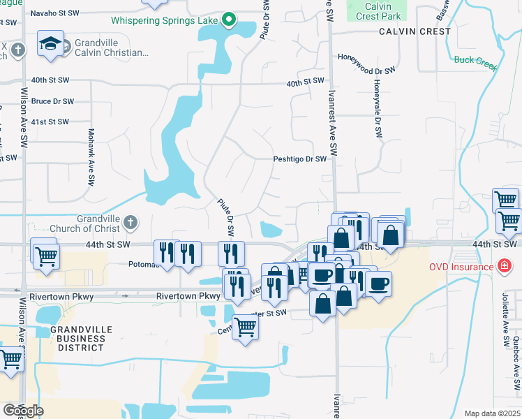 map of restaurants, bars, coffee shops, grocery stores, and more near 4296 Redbush Drive in Grandville