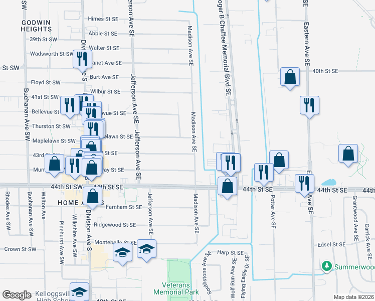 map of restaurants, bars, coffee shops, grocery stores, and more near 4235 Madison Avenue Southeast in Kentwood