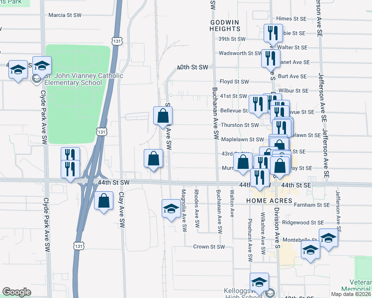 map of restaurants, bars, coffee shops, grocery stores, and more near 306 Maplelawn Street Southwest in Grand Rapids