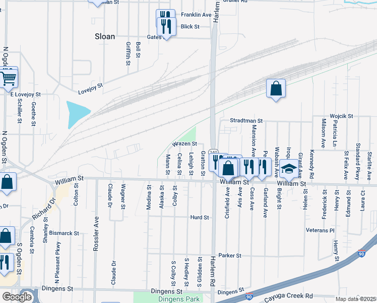 map of restaurants, bars, coffee shops, grocery stores, and more near 58 Lehigh Street in Buffalo