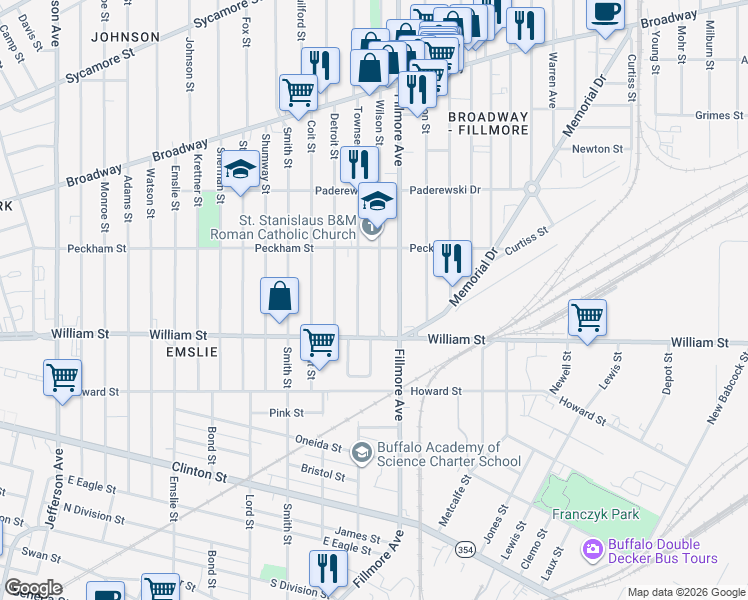 map of restaurants, bars, coffee shops, grocery stores, and more near 42 Wilson Street in Buffalo