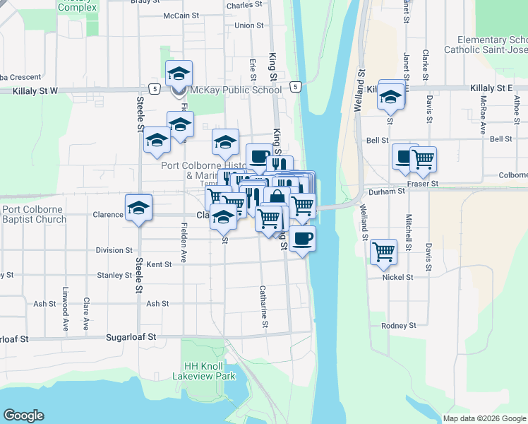 map of restaurants, bars, coffee shops, grocery stores, and more near 59 Clarence Street in Port Colborne