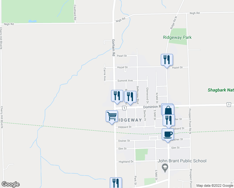 map of restaurants, bars, coffee shops, grocery stores, and more near 430 Gorham Road in Fort Erie