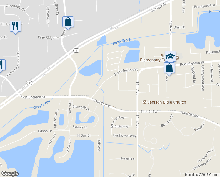 map of restaurants, bars, coffee shops, grocery stores, and more near 1600 Port Sheldon Street in Georgetown Township