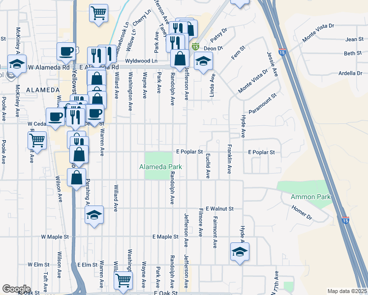 map of restaurants, bars, coffee shops, grocery stores, and more near 864 East Poplar Street in Pocatello