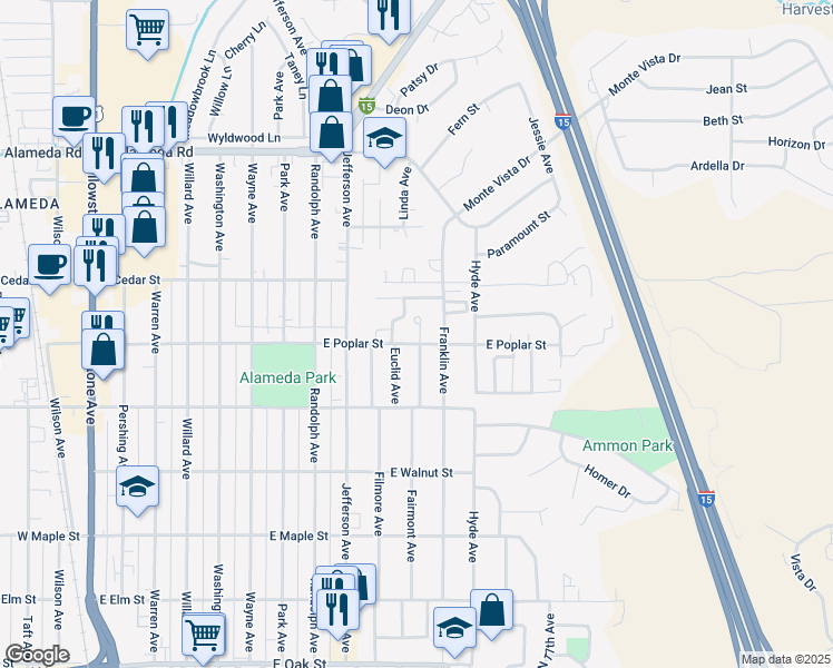 map of restaurants, bars, coffee shops, grocery stores, and more near 1120 East Poplar Street in Pocatello