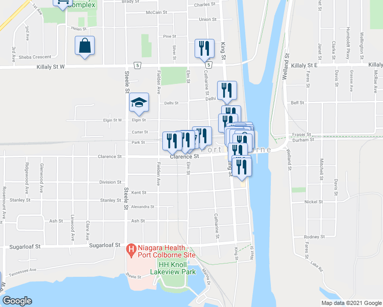 map of restaurants, bars, coffee shops, grocery stores, and more near 111 Clarence Street in Port Colborne