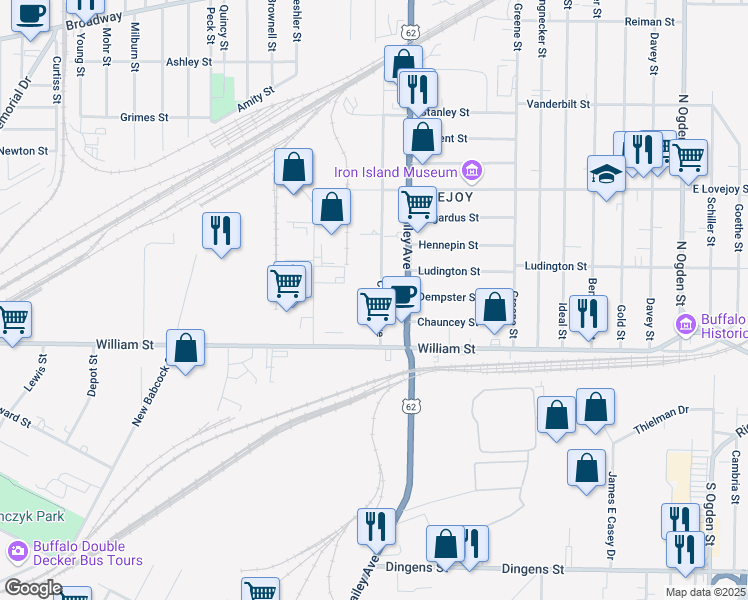 map of restaurants, bars, coffee shops, grocery stores, and more near 64 Central Avenue in Buffalo