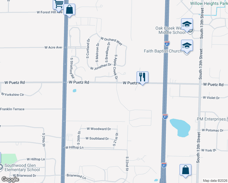 map of restaurants, bars, coffee shops, grocery stores, and more near 2125 West Puetz Road in Oak Creek