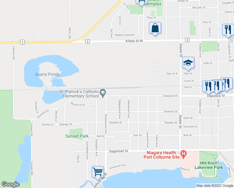 map of restaurants, bars, coffee shops, grocery stores, and more near 505 Clarence Street in Port Colborne