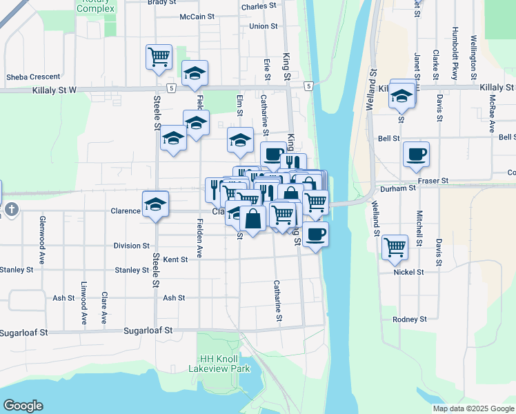 map of restaurants, bars, coffee shops, grocery stores, and more near 111 Clarence Street in Port Colborne