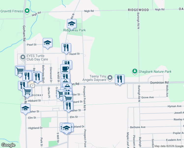 map of restaurants, bars, coffee shops, grocery stores, and more near 3534 Dominion Road in Fort Erie
