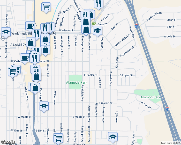 map of restaurants, bars, coffee shops, grocery stores, and more near 864 East Poplar Street in Pocatello