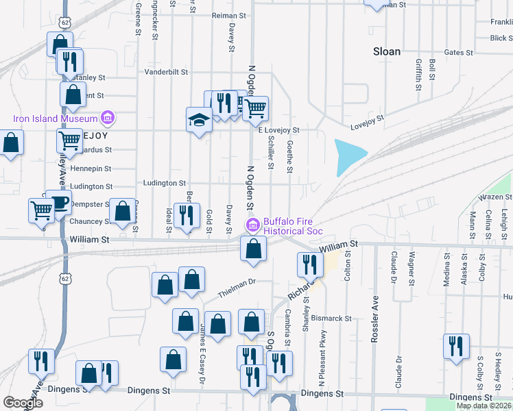 map of restaurants, bars, coffee shops, grocery stores, and more near 66 North Ogden Street in Buffalo