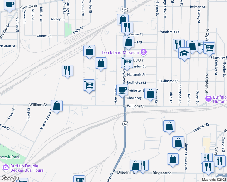 map of restaurants, bars, coffee shops, grocery stores, and more near 64 Central Avenue in Buffalo