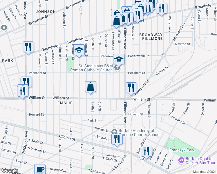 map of restaurants, bars, coffee shops, grocery stores, and more near 107 Detroit Street in Buffalo