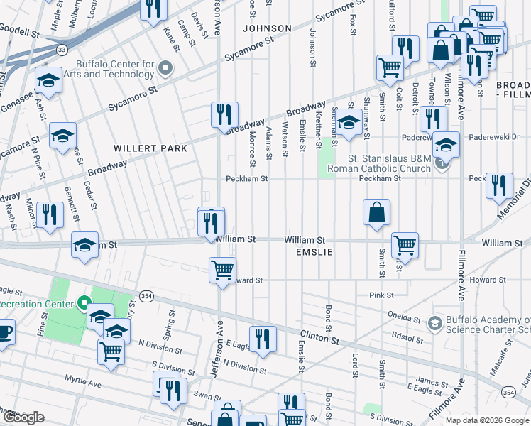 map of restaurants, bars, coffee shops, grocery stores, and more near 233 Adams Street in Buffalo