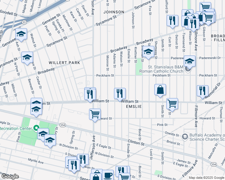 map of restaurants, bars, coffee shops, grocery stores, and more near 233 Adams Street in Buffalo