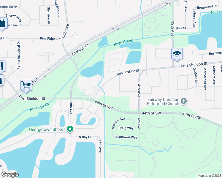 map of restaurants, bars, coffee shops, grocery stores, and more near 1600 Port Sheldon Street in Georgetown Township