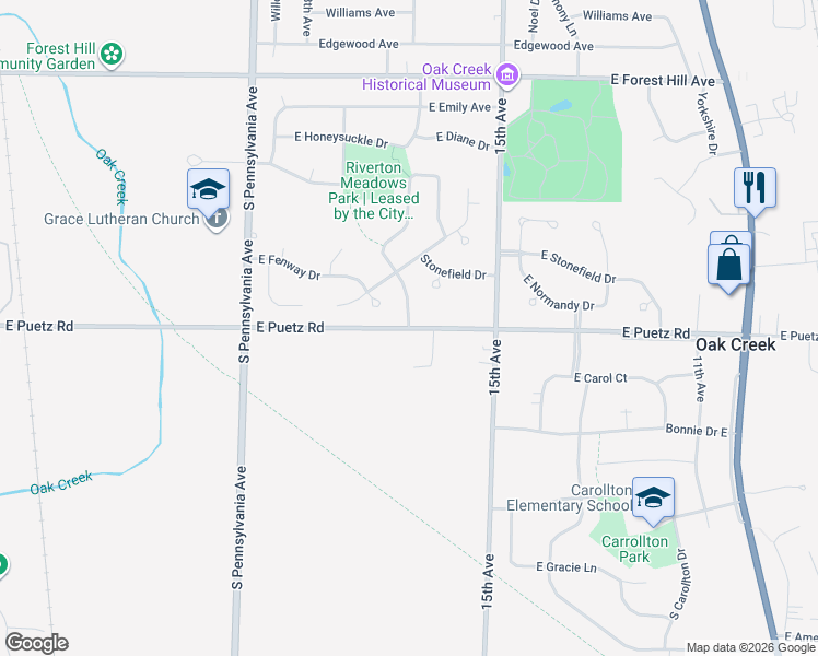 map of restaurants, bars, coffee shops, grocery stores, and more near 12671 South Riverton Road in Oak Creek