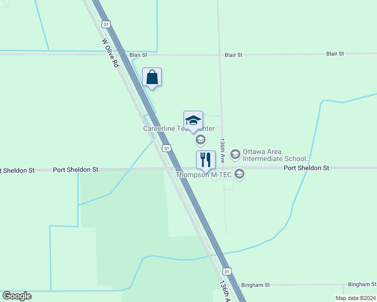 map of restaurants, bars, coffee shops, grocery stores, and more near 13663 Port Sheldon Street in Holland