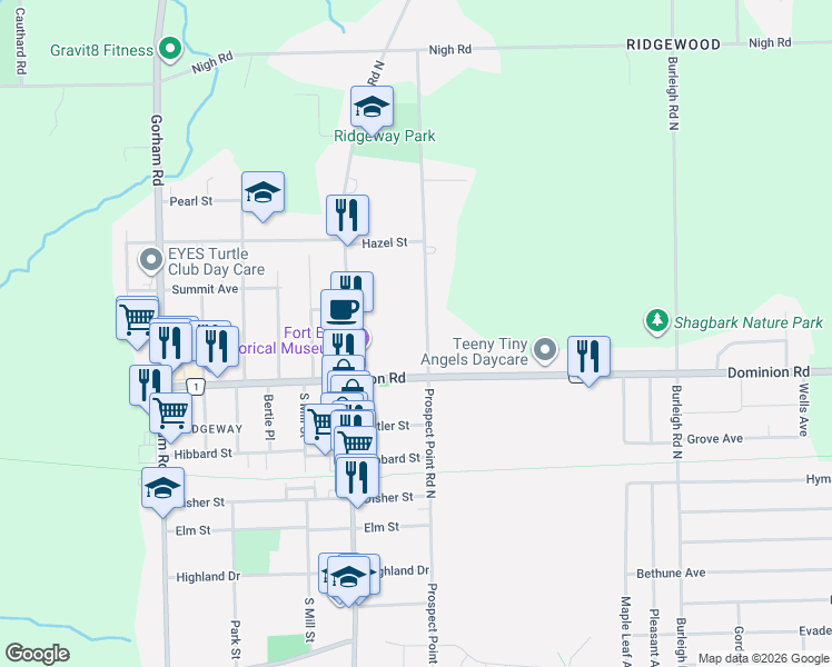 map of restaurants, bars, coffee shops, grocery stores, and more near 425 Prospect Point Road North in Fort Erie