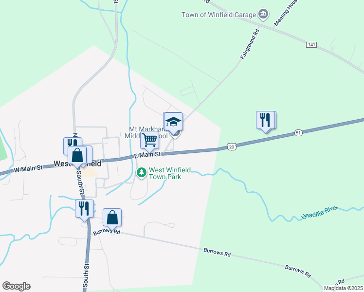 map of restaurants, bars, coffee shops, grocery stores, and more near 500 Fairground Road in West Winfield