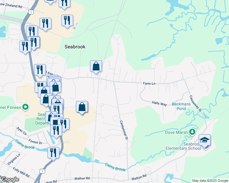 map of restaurants, bars, coffee shops, grocery stores, and more near 135 Centennial Road in Seabrook