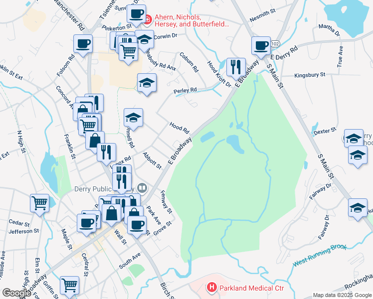 map of restaurants, bars, coffee shops, grocery stores, and more near 92 East Broadway in Derry