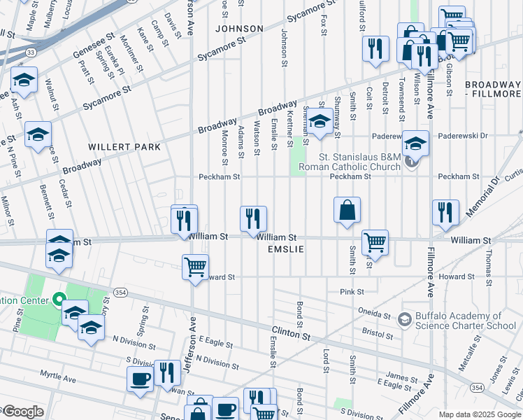 map of restaurants, bars, coffee shops, grocery stores, and more near 235 Watson Street in Buffalo