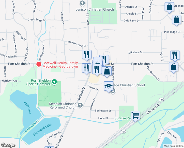 map of restaurants, bars, coffee shops, grocery stores, and more near 6544 28th Avenue in Hudsonville