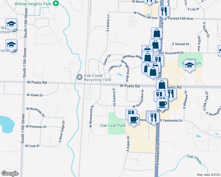 map of restaurants, bars, coffee shops, grocery stores, and more near 445 West Puetz Road in Oak Creek