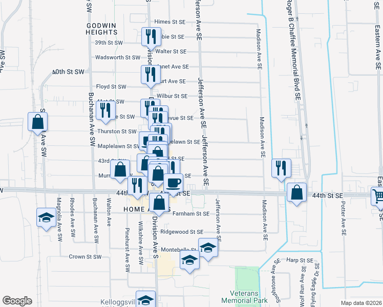 map of restaurants, bars, coffee shops, grocery stores, and more near 119 43rd Street Southeast in Grand Rapids