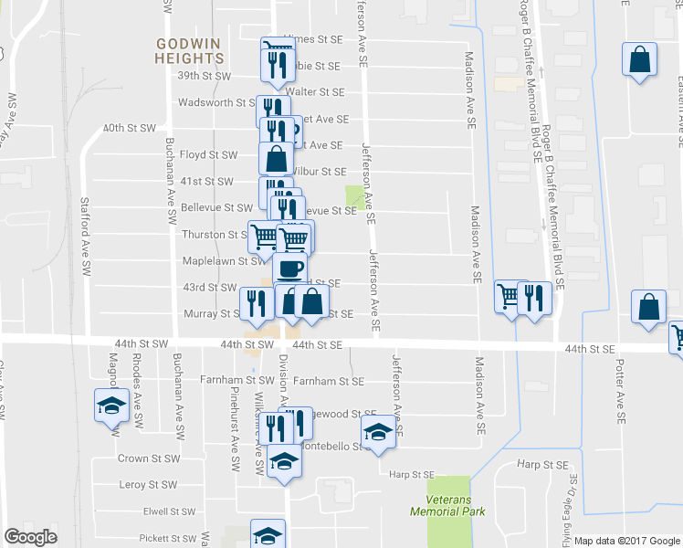 map of restaurants, bars, coffee shops, grocery stores, and more near 119 43rd St SE in Grand Rapids