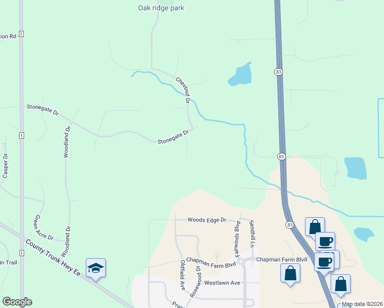 map of restaurants, bars, coffee shops, grocery stores, and more near W302S8692 Rosewood Drive in Mukwonago