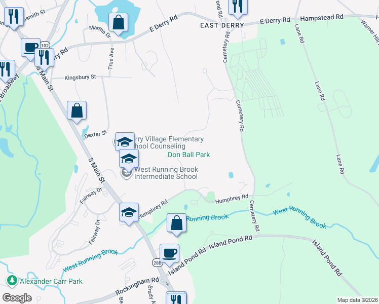 map of restaurants, bars, coffee shops, grocery stores, and more near 14 Humphrey Road in Derry