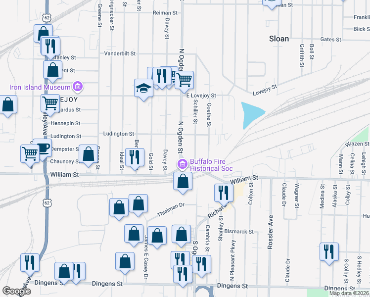 map of restaurants, bars, coffee shops, grocery stores, and more near 66 North Ogden Street in Buffalo
