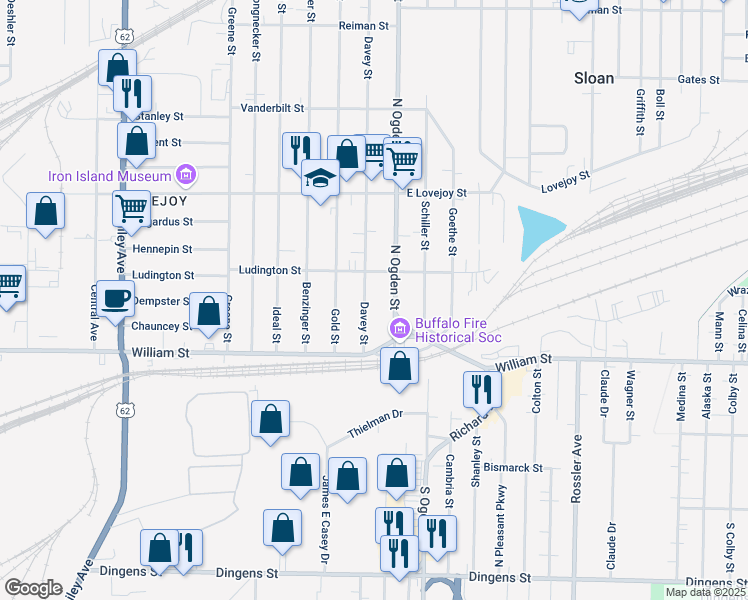 map of restaurants, bars, coffee shops, grocery stores, and more near 64 Davey Street in Buffalo