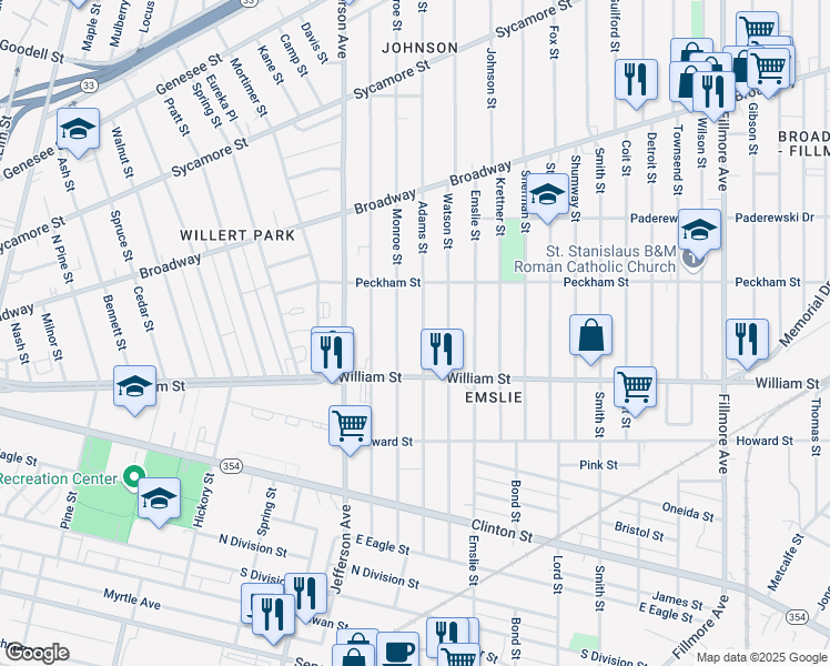 map of restaurants, bars, coffee shops, grocery stores, and more near 233 Adams Street in Buffalo