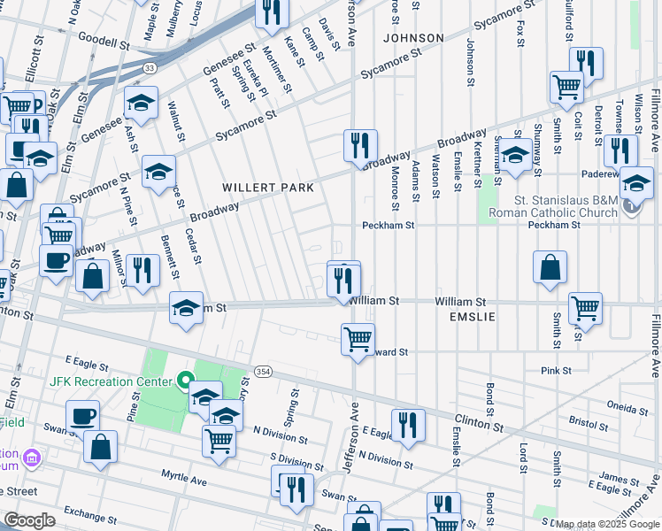 map of restaurants, bars, coffee shops, grocery stores, and more near 43 Mortimer Street in Buffalo