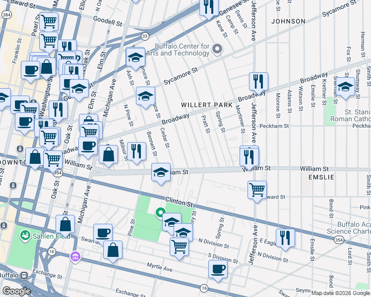 map of restaurants, bars, coffee shops, grocery stores, and more near 137 Archie Street in Buffalo