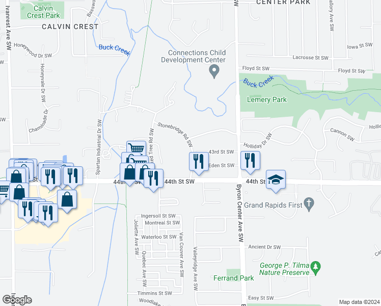 map of restaurants, bars, coffee shops, grocery stores, and more near 4283 Stonebridge Road Southwest in Wyoming