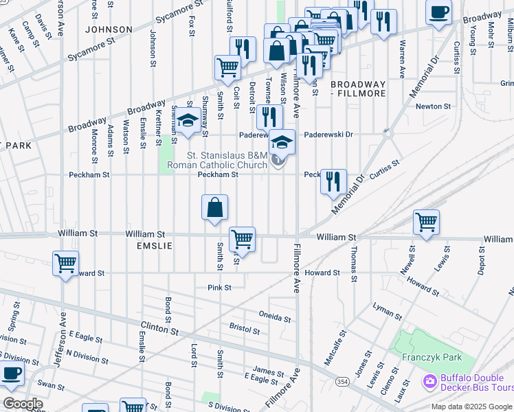 map of restaurants, bars, coffee shops, grocery stores, and more near 107 Detroit Street in Buffalo