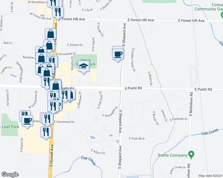 map of restaurants, bars, coffee shops, grocery stores, and more near 719 East Puetz Road in Oak Creek